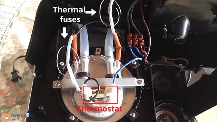 Thermal fuses and thermostat of the Delonghi drip coffee maker